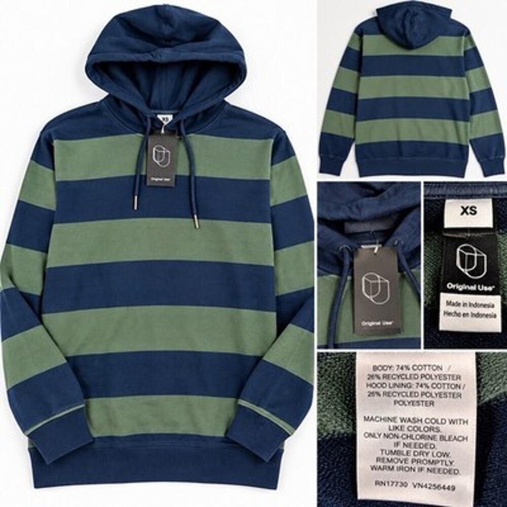 Original Use Striped Pullover Hoodie Sweatshirt Navy Green Cotton Blend Size XS
